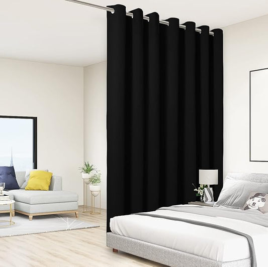BONZER Extra Wide Room Divider Curtain Total Privacy Wall Noise Reducing Blackout Curtains for Patio Sliding Glass Door, 108L x 108W Inch (9L x 9W ft), 1 Panel, Black