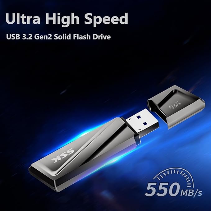 SSK 2TB USB SSD Drive 550MB/s Solid State Flash Drive Fast Transfer Speed USB 3.2 Gen2 USB C Thumb Drive Memory Stick with USB C Adapter for Type-c Smartphone, Laptop, MacBook/Pro/Air and More