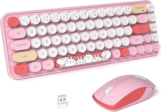 FOPETT Wireless Keyboard and Mouse Cute Mouse and Keyboard 2.4G Wireless Keyboards with Colorful 68 Keys Typewriter Retro Round Keycap for PC, Laptop,Tablet,Computer Windows - Pink Colorful