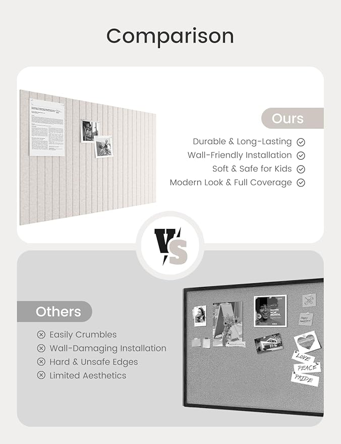 Bumusty Large Cork Board Alternative-36 x24 Felt Bulletin Board Tiles, with 30 Pushpins, 40 Adhesive Tabs, 6-Pack Slat Wall Paneling, Cork Boards for Office Push Pin Board Felt Board-Oatmeal