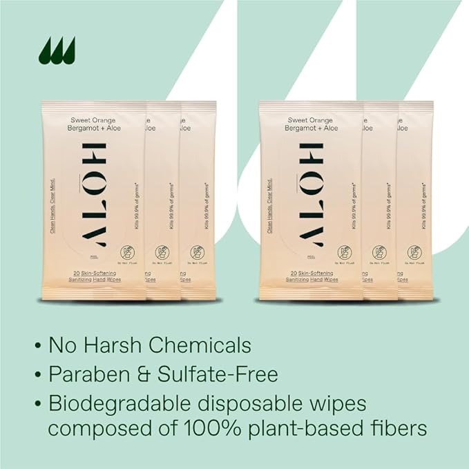 ALŌH Sweet Orange Bergamot + Aloe Sanitizing Hand Wipes - Clean Hands, Clear Mind - On The Go Hand Sanitizer Wipes for Kids and Adults - Travel Size 6 Packs 20ct Wipes (120 wipes)