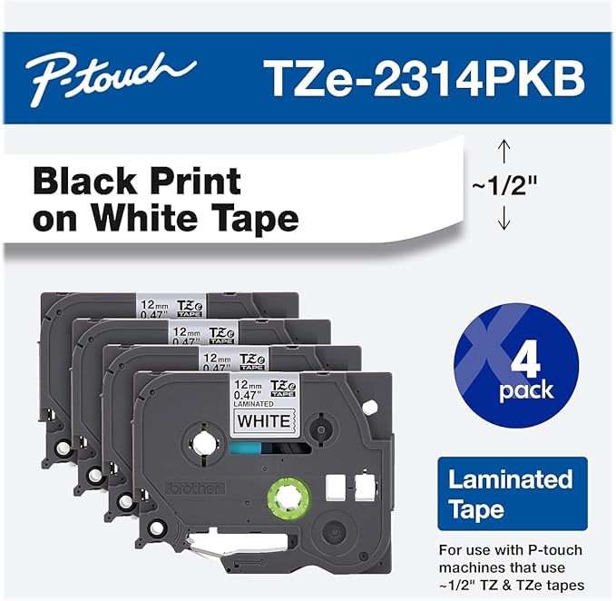 Brother Genuine P-touch TZe-231 4-Pack Tape (TZE2314PKB) ½” (0.47” or 12mm) x 26.2 ft. (8m) Laminated Black on White, (For use with PT-D210, PT-H110, PT-D220, PT-D410, PT-D600 Label Makers)