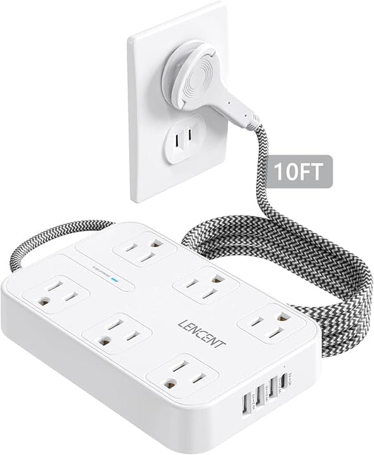 LENCENT 2 Prong Power Strip, 3 to 2 Prong Outlet Adapter, Surge Protector with 10ft Braided Extension Cord with Thin Flat Polarized Plug, 6 AC & 4 USB (1 Type-C), Wall Mount for Non-Grounded Outlet
