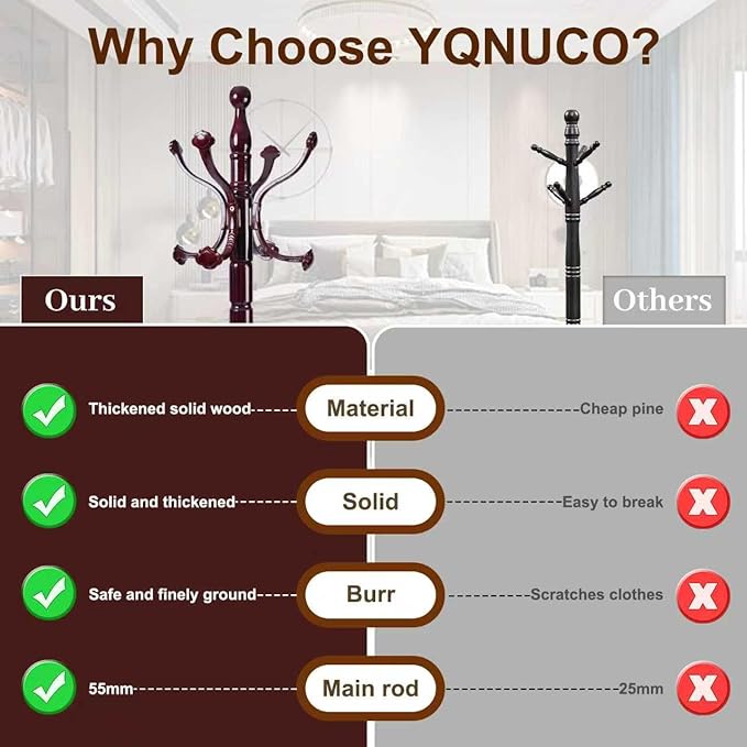 Solid Wood Coat Rack – 72" Freestanding Coat Racks Stand with 14 Hooks & Stable Base, Adjustable Height Modern Wooden Hall Tree for Entryway, Bedroom, Office, Home (Mahogany Lucky Hook)