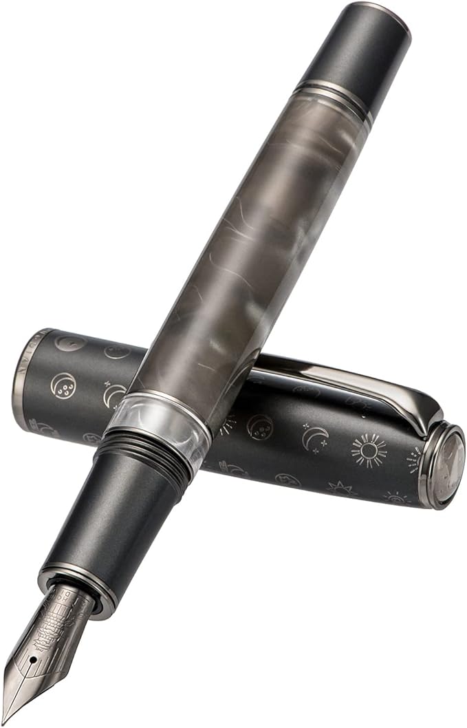 Hongdian N7 Gray Resin Piston Fountain Pen, Steel Fine Point Classic Pen Robbit on Top, Smooth Writing Pen with Metal Case