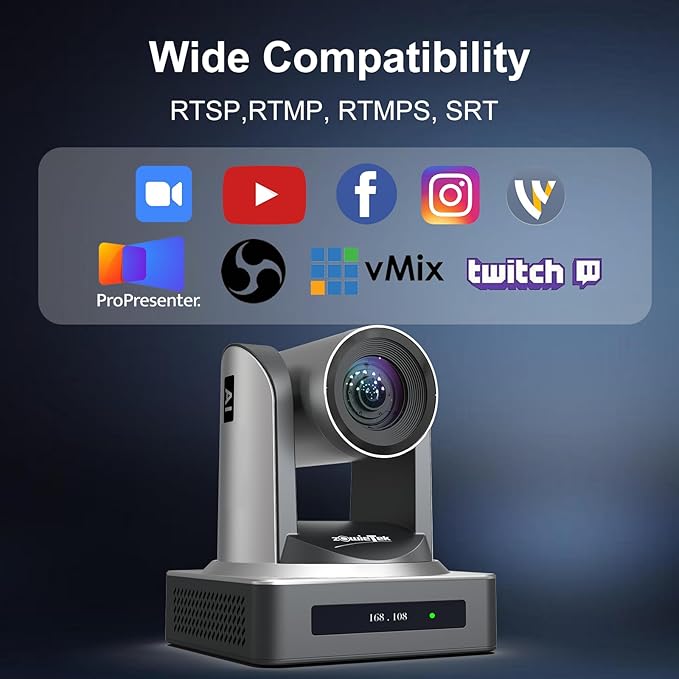 PTZ Camera, AI Auto Tracking 1080P60 PoE, 20X Optical Zoom, 3G-SDI HDMI USB3.0 LAN, Live Streaming for Church Meeting Education Sport Hospital Wedding