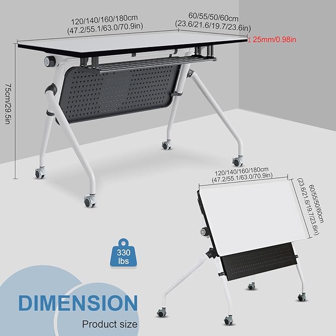 Conference Table, Folding Conference Room Tables, Mobile Training Tables with Silent Wheels, Large Rectangular Modular Seminar Table Office Computer Desks for Classroom White (2Pack L70.9in)