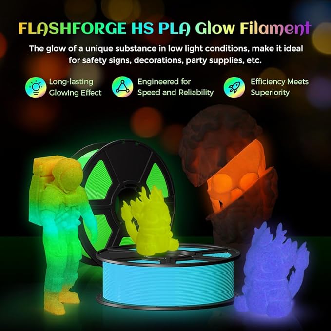 FLASHFORGE Glow in The Dark Rapid PLA Filament 1.75mm, High Flow Speedy 3D Printer Filament Luminous Yellow, Max 500mm/s High-Speed Printing, High Brightness and Long-Lasting Glowing Effect
