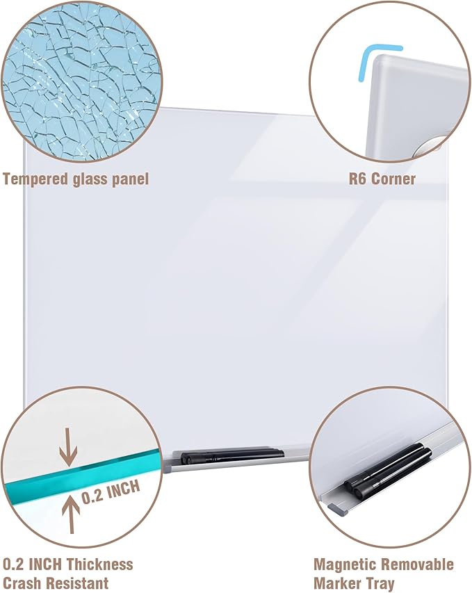 Magnetic Glass Whiteboard，36"x24" Wall Mounted Frameless Dry Erase Board for Office, Home & School Ultra White