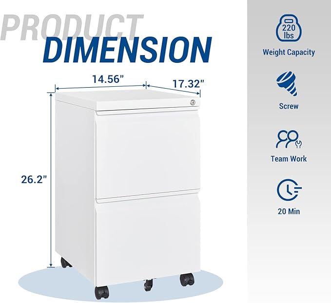 2 Drawer Vertical File Cabinet - Mobile Filling Cabinet with Lock for Legal/Letter Files - Office Storage File Cabinet with Wheels Under Desk - Assembly Required
