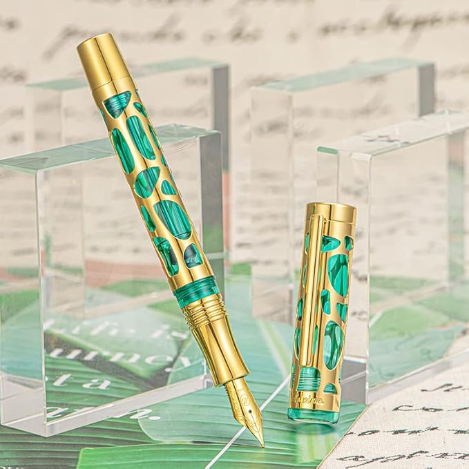 Asvine V169 Vacuum Filling Fountain Pen Iridium Extra Fine Nib, Water Drop Skeleton Gold Trim Transparent Green Acrylic Pen Case Set