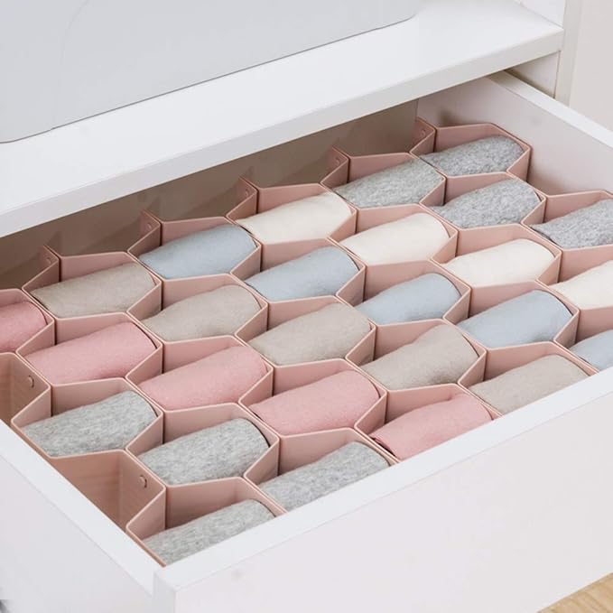 Poeland Drawer Divider Organizer Adjustable DIY Grid Honeycomb Drawer Divider for Underwear Belt Scarf Socks Pink 2 Pack