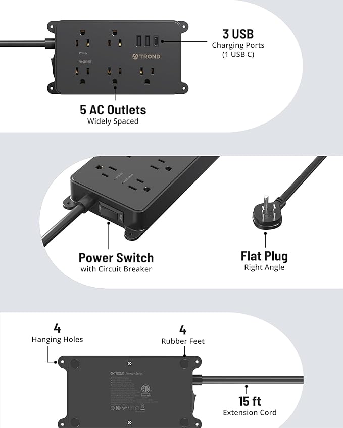 TROND Surge Protector Power Strip, 15ft Long Extension Cord, ETL Listed, 5 Widely Spaced AC Outlets, 2 USB A and 1 USB C, 1300J, Low-Profile Flat Plug, Wall Mountable, for Kitchen Office, Black