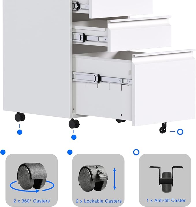 Aobabo 3 Drawer File Cabinet with Lock,Metal Filing Cabinet with Wheels for Home Office & Business Enterprise, Legal/Letter Size, Fully Assembled Except Wheels, White