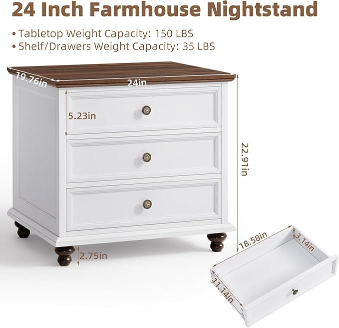 24" Wide Farmhouse Night Stand,Large End Table with 3 Drawers & Metal Handle,White Wood Dresser for Bedroom Cabinet, Bed Side Tabl·e Chest of Drawers,Nightstand for Living Room,Close