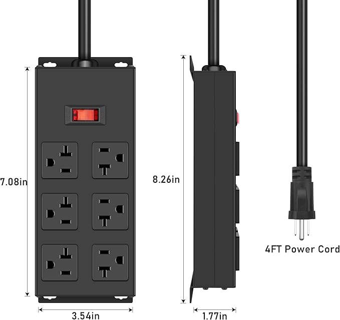 JUNNUJ Heavy Duty 20 Amp Power Strip, Garage 6 Outlets Metal 12 Gauge Surge Protector 3000J, High Amp 5-15P Adapter Shop 6-20R T-Slot Industrial (6AC, 4FT)