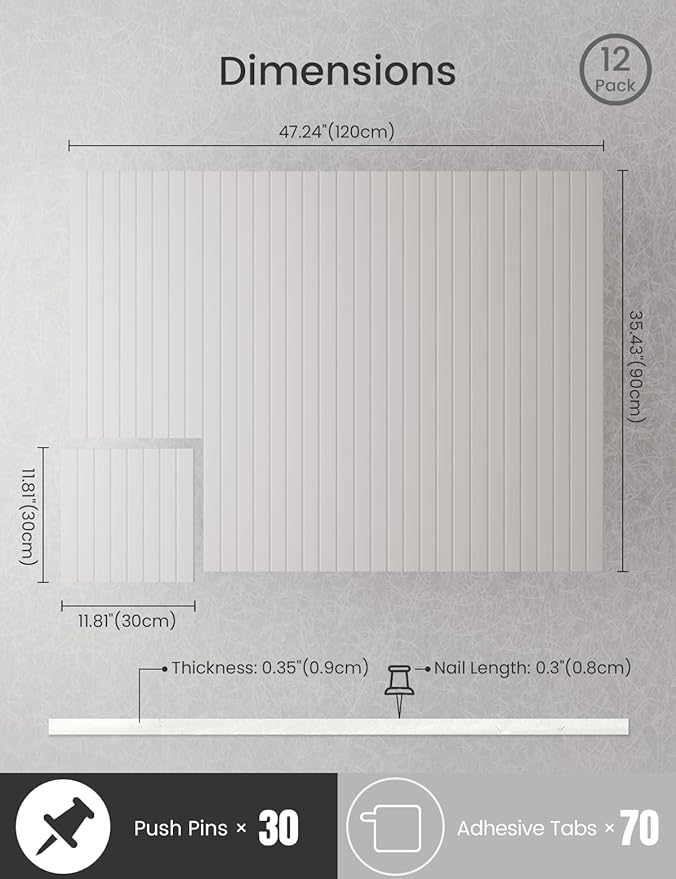 Bumusty Large Cork Board Alternative-47 x35 Felt Bulletin Board Tiles, with 30 Pushpins, 70 Adhesive Tabs, 12-Pack Slat Wall Paneling, Cork Boards for Office Push Pin Board Felt Board-Milky White