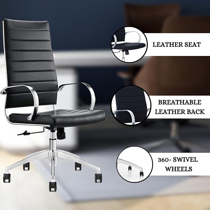 Ribbed High Back Conference Room Chairs - Lumbar Support, Modern Style Executive Chair for Home and Office - 360 Swivel Rolling Wheels - Aluminum Chrome Frame & Base - Black (Pack of 1)