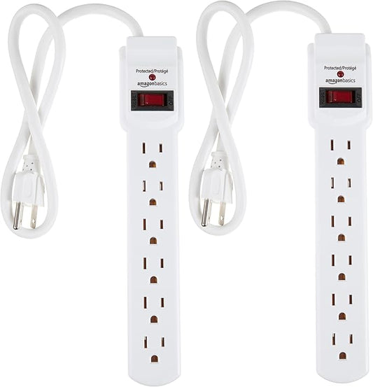 Amazon Basics Surge Protector Power Strip, 6-Outlet with 200J Protection, 2ft Extension Cord, Rectangle, White (2 Pack)