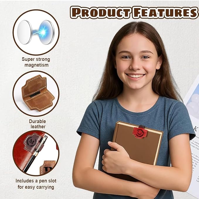Custom Bookmark with Pen Holder with 26 Letters Personalized Magnetic Leather Book Mark, Customized Name Book Marker Clip with Initial for Men Women, Gifts for Book Lovers, Readers, (Brown, L)