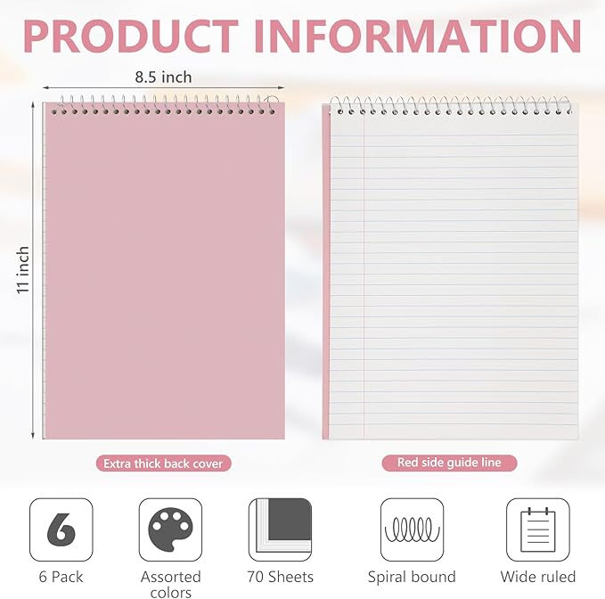 6 Pack 8.5 x 11'' Top Bound Office Steno Book Wide Ruled Double Sided Spiral Notebooks Reliable White Paper 70 Sheets/Pad Pastel Colors Covers for Writing School Notes(Bohemian Color)