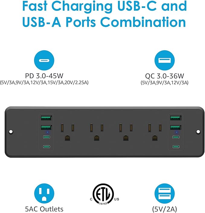 HHSOET 16 in 1 Recessed Power Strip Flat Plug, 45W Fast Charging Furniture Outlet with USB, Conference Recessed Surge Protection with 8 AC Plugs, 4 USB Ports 4 USB-C, 10ft Power Cord.(Black)