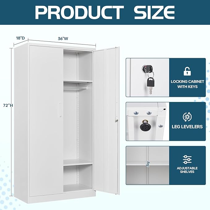 MIIIKO Metal Clothing Storage Locker, Steel Wardrobe Cabinets with Shelves and Hanging Rod, 72" Large Storage Locker Closet for Garments, Sports Equipment and Shoes