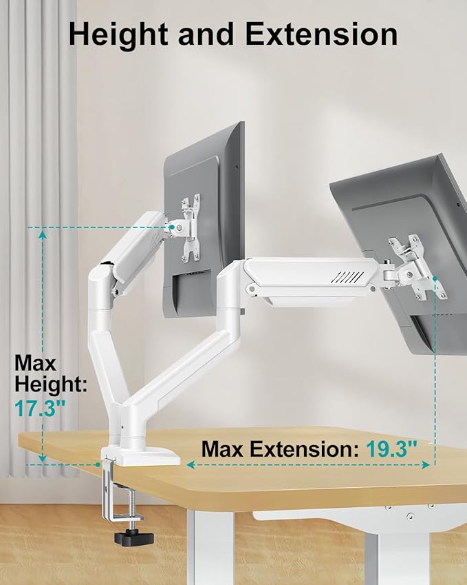 Dual Monitor Desk Mount - Adjustable Monitor Arm for 2 Monitors up to 32 inches/19.8 lbs, Double Monitor Stand VESA Bracket with C-Clamp & Grommet Mounting, Computer Screen Mount, White, Freelift