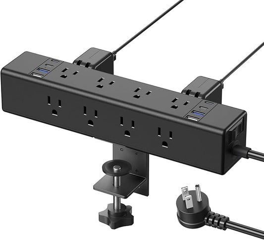 CCCEI Desk Outlet Station 20W USB C Port. 12 Outlet Desktop Clamp Power Strip Surge Protector 4800J with Switch. Nightstand Office Standing Desk Accessories Fit Thicker Table Edge or Screw Mount, 10FT