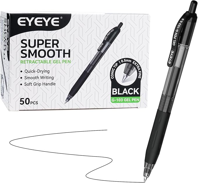 EYEYE G-103 Retractable Gel Pens Black 50 Pack, 0.5mm Extra Fine Point Ink Pen Quick Dry, Ballpoint Pen Fine Point Smooth Writing Pens for for Office School Supplies