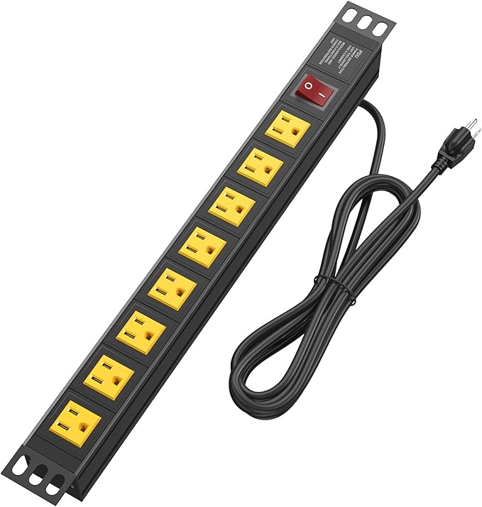 BTU Power Strip Surge Protector Rack-Mount PDU, 8 Right Angle Outlets Wide-Spaced, Mountable Power Strip Heavy Duty for Server Racks, Commercial, 300J (Yellow 6FT)