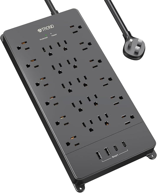 TROND Surge Protector Power Strip, 5ft Flat Plug Extension Cord with Multiple Outlets, 22 Widely Spaced AC with USB Ports, 4000 Joules, Heavy Duty, Wall Mount, Under Desk, ETL Listed, Black