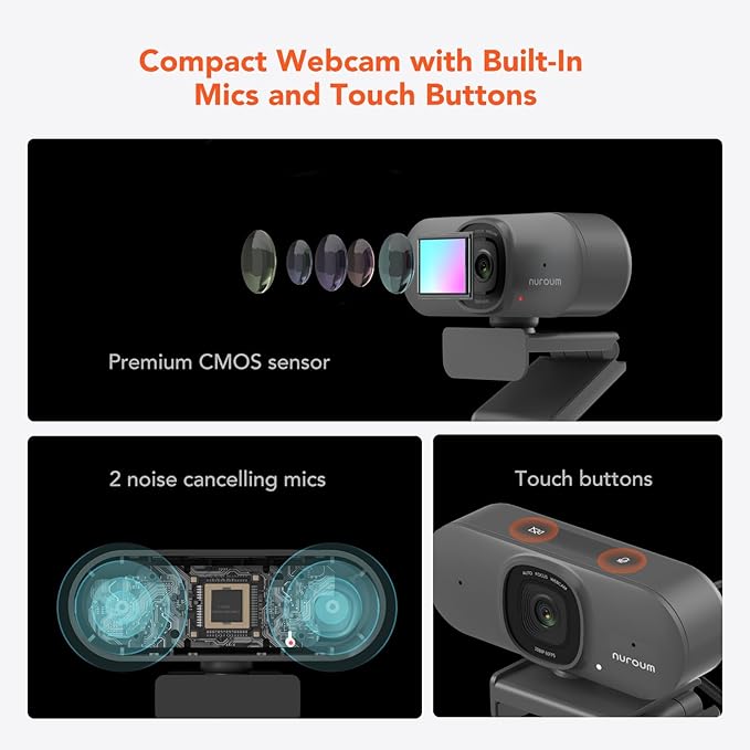 NUROUM V15AF 2K Webcam for PC, 1080P 60fps Autofocus HD Webcam with Dual Noise Cancelling Microphone, 75° FOV&Light Correction, USB Web Camera Plug&Play for Zoom/Teams,Grey
