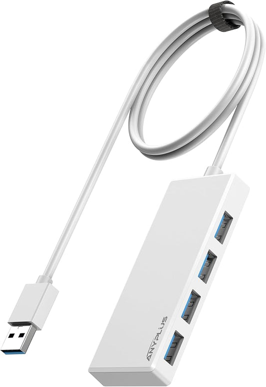 USB Hub, Multiport USB Splitter Adapter, 2 ft Long Cable USB 3.0 Hub, USB Extender for Laptop, PC, iMac, Surface Pro, MacBook, Mac Pro, Flash Drive, XPS, Mouse, HDD【White】