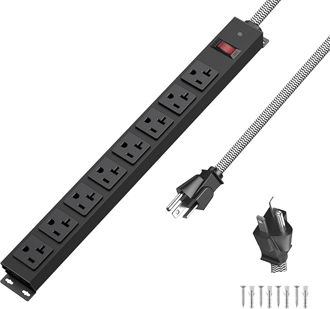 20 Amp Power Strip Heavy Duty, 12 Gauge Extension Cord for Appliance Workbench Garage Industrial, Metal 8 Outlets Combine with T-Plug Adapter 5-20R T-Slot, 1200J Surge Protector