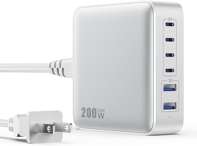 USB C Charger Block 200W[2025 Upgraded] GaN III 6 Port Fast Charging Station Hub,PD 65W USB C Laptop Charger Compatible with MacBook Pro/Air,iPad,iPhone 16/15,Galaxy S23/S24 Steam Deck Dell XPS etc