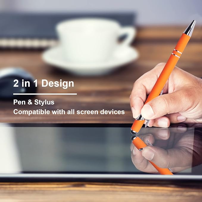 Ballpoint Pen with Stylus Tip, Soft Touch Click Metal Pen, 1.0mm Medium Point, Black Ink, 12 Count(Orange)