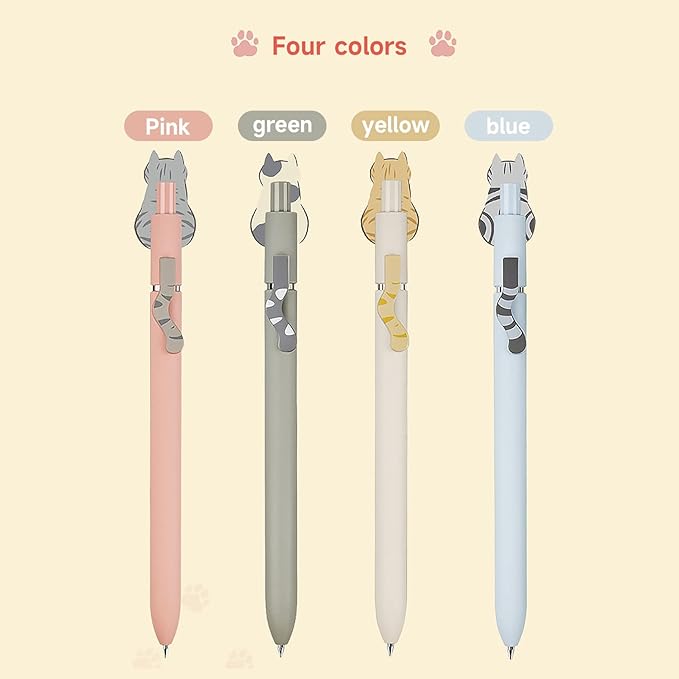 Cat Pens, 4 Pcs 0.5mm Cute Kawaii Black Ink Pens Fine Point Smooth Writing Pen, High-End Series Cat's Tail Retractable Pen for Journaling Note Taking (4 Pcs Cat)
