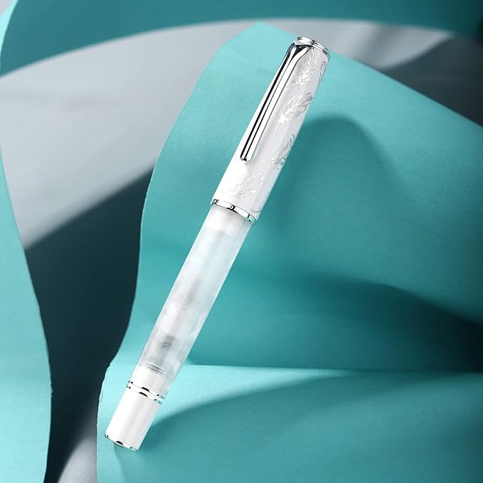 Hongdian N8 White Acrylic Resin Fountain Pen, Iridium Fine Nib Silver Plated Feather Carving Cap Smooth Writing Pen with Converter and Metal Pen Box Set