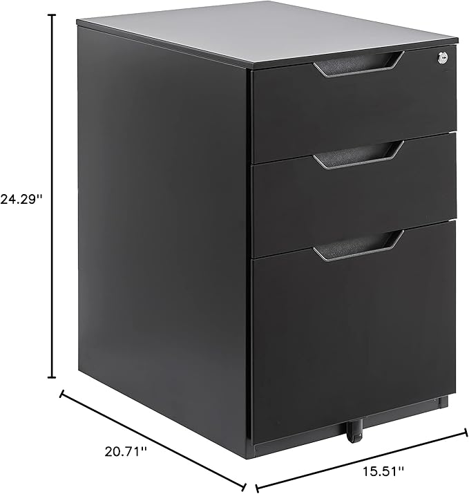 Amazon Basics 3 Drawer Mobile File Cabinet With Lock, Black, 20.71" D x 15.51" W x 24.29" H