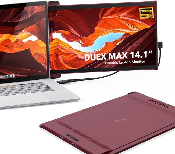 New Mobile Pixels 2024 Duex Max Portable Monitor, 14.1" FHD 1080P IPS Laptop Screen Extender, USB A/USB C Plug and Play Auto Rotated Laptop Monitor, Windows/Mac/Android/Switch Compatible (Rio Rouge)