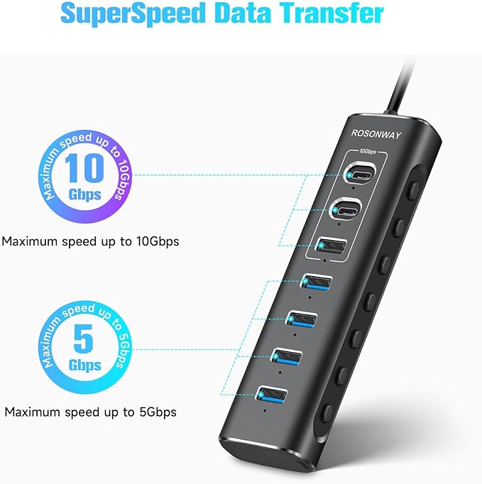 Powered USB Hub, Rosonway 7-Port USB 3.2/USB C Hub with 10Gbps USB-A 3.2, 2 USB-C 3.2, 4 USB 3.0 Ports, Individual Switches and 12V Power Adapter, Aluminum USB Port Expander for Laptop/PC, RSH-A107C