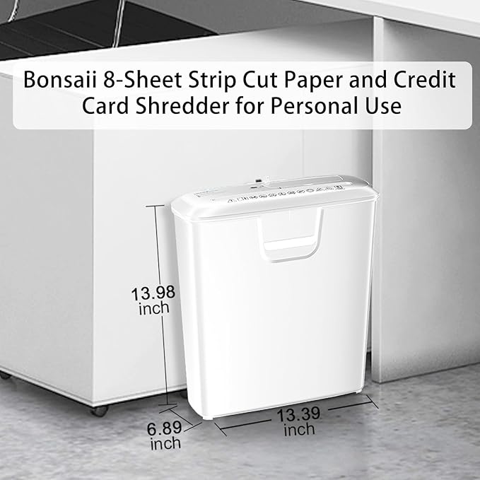 Bonsaii Quiet Strip-Cut Shredder, Up to 8 Sheets, Offering high Security, CDs, Credit Cards, Overheat Protection, Equipped with a 3.4-Gallon bin, Operates Quietly, Ideal for Home Office, White