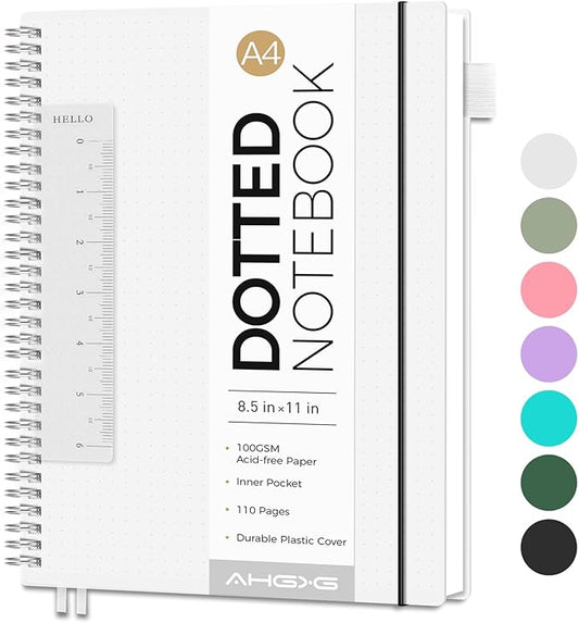 AHGXG Bullet Dotted Journal - Dot Grid Spiral Notebook 8.5" x 11", A4 Large Dotted Notebook, 100 GSM Thick Paper, Waterproof Plastic Cover Journals for Bullet Journaling, Sketching, Transparent