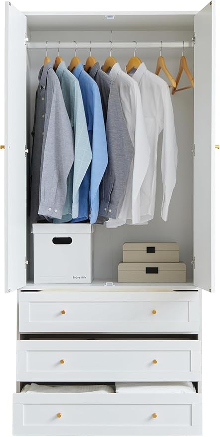 Wardrobe Armoire Wooden Closet with 2 Doors,71" Closet Armoire Set of 2,3 Drawers Household Freestanding Wooden Storage Cabinet for Bedroom (White)
