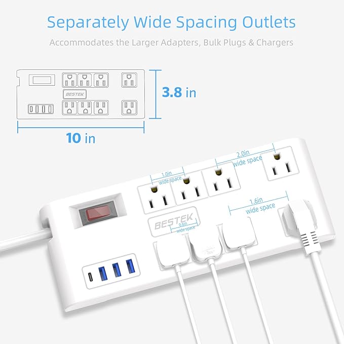 BESTEK 8 AC Outlet, 12 Feet Extension Cord Power Strip with 3 USB-A 2.4A 1USB-C 3A, MAX Output 1625W 13A, 600Joule, Ultra-Compact Wide Spaced Outlet for Large Plug