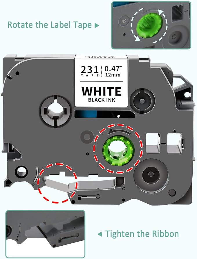 5-Pack Tze Tz Tape 12mm 0.47" White Compatible for Brother 12mm 0.47" Laminated White Tze-231 Tz231 P Touch Label Tape 12mm 1/2" for PT-D210 PT-D202 PT-D220 PTD410 PTD600 PTD400 PT2430