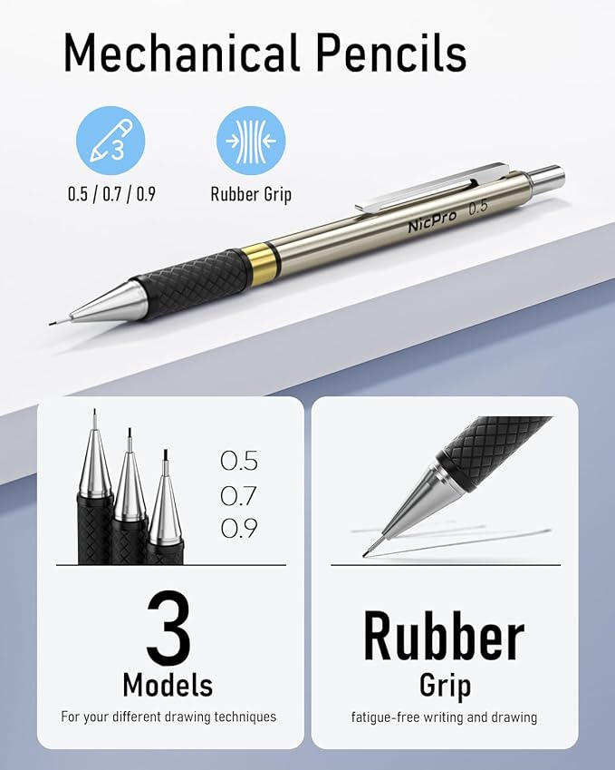 Nicpro 35PCS Gold Art Mechanical Pencils Set, 3 PCS Metal Drafting Pencil 0.5 mm & 0.7 mm & 0.9 mm & 3 PCS 2mm Lead Holder (6B 4B 2B HB 2H 4H Colors) For Sketching Drawing