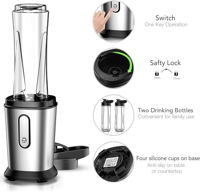 Electric Smoothie Blender, Powerful Small Blender with 2 Portable 20oz Tritan blender Bottles, BPA-Free with 4 Stainless Steel Blades, Mixer Smoothie Maker for Shakes and Smoothies