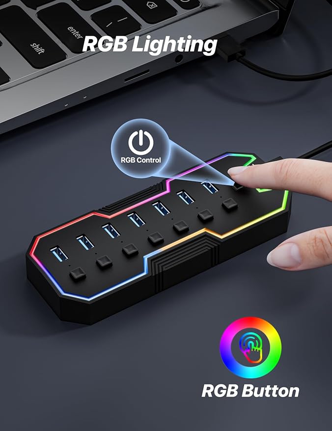 ZIUMIER USB 3.0 Hub,7 Ports USB Expander with RGB LED Strip for MacBook, Mac Pro, Mac mini, iMac, Surface Pro, XPS, PC, Flash Drive, Mobile HDD